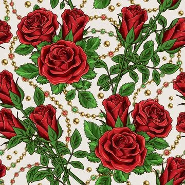 Seamless pattern red roses, gold metal ball chains Stock Illustration