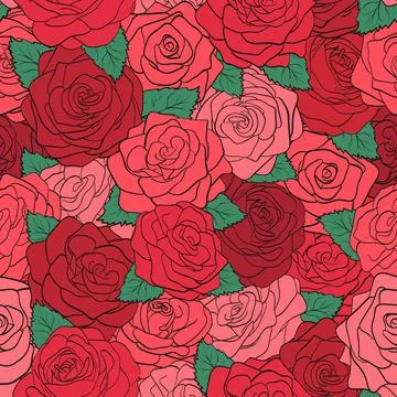 Seamless pattern red roses with green leaves. Stock Illustration