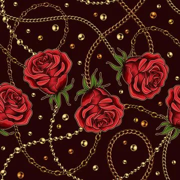 Seamless pattern with red roses, metal chains イラスト素材