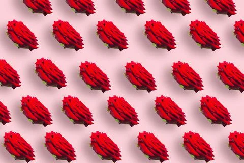 Seamless pattern of red roses on pink pastel background. Copy space for the t Stockfoto's