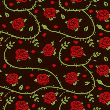 Seamless  pattern with red roses, stems, petals and green leaves. Illustrazione stock