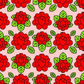 Seamless pattern of red roses tattoo designs. Bold floral vector texture fo.. Stock Illustration