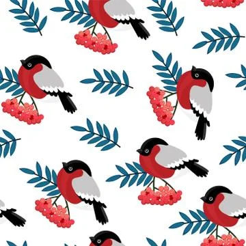 Seamless pattern with red rowan berries and bullfinches. Vector illustration  Stock Illustration