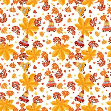 Seamless pattern with red rowan berries, hearts, cars. Stock Illustration