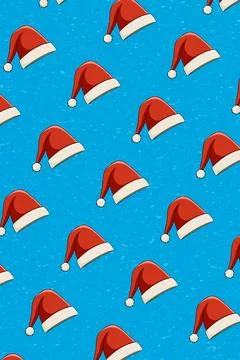 Seamless pattern of red Santa Claus hats on blue background with snow. Illustrazione stock