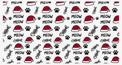 Seamless pattern with red santa hats and cat themed elements cat theme red ha Stock Illustration