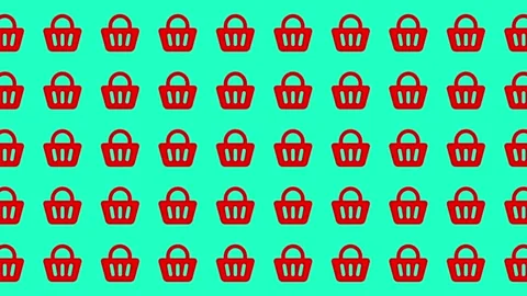 Seamless pattern of red shopping basket icons on turquoise background for retail Stock Footage 344909285