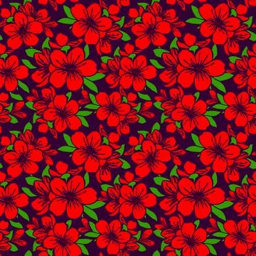 Seamless pattern of red silhouettes of flowers on a dark purple background Stock Illustration