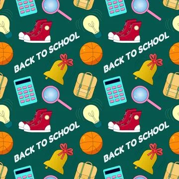 Seamless pattern with red sneakers, backpacks, calculators, basketballs, be.. Illustrazione stock