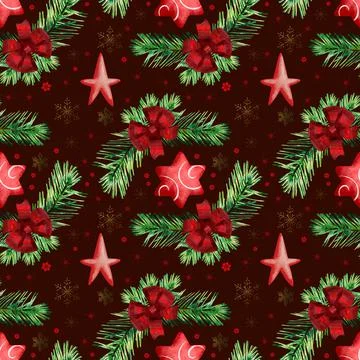 Seamless pattern with red stars and fig twigs for fabric, paper, scrapbooking Stock Illustration