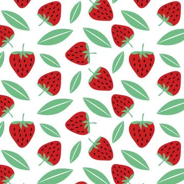 Seamless pattern of red strawberries and green leaves Stock Illustration