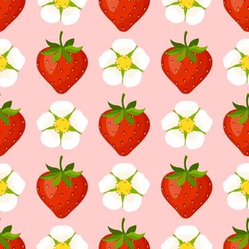 Seamless pattern with red strawberries and white flowers vector illustration 库存插图
