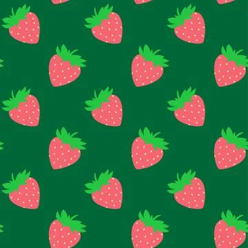 Seamless pattern with red strawberries on green board. Tasty berry, sweet foo Stock Illustration