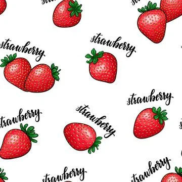 Seamless pattern red strawberries with lettering text strawberry on white b.. Stock Illustration