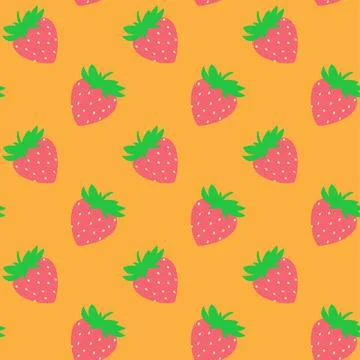 Seamless pattern with red strawberries on orange board. Tasty berry, sweet fo Stock Photos