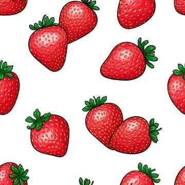 Seamless pattern red strawberry with black contour on white background, sym.. Stock Illustration