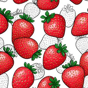 Seamless pattern red strawberry with black and white outline strawberry bac.. Stockillustratie