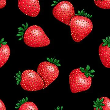Seamless pattern red strawberry with black contour on black background, sym.. Illustrazione stock