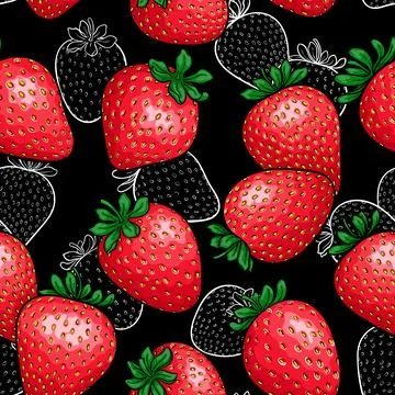 Seamless pattern red strawberry with black and white outline strawberry bac.. Stockillustratie