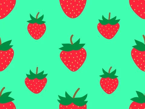 Seamless pattern with red strawberry on green background. Drawing of strawb.. Stock-Illustration