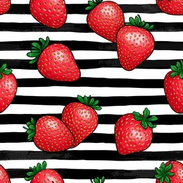 Seamless pattern red strawberry with leaf on black and white watercolor str.. Stock Illustration