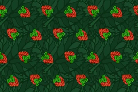 Seamless pattern with red strawberry on the leaves Stock Illustration