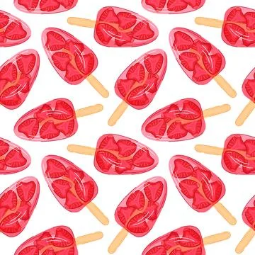 Seamless pattern of red strawberry popsicle with fruit slice on white background Stock Illustration