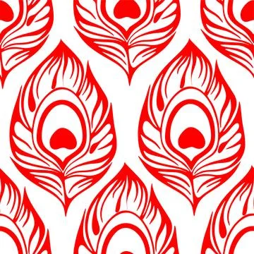 Seamless pattern of red stylized peacock feathers on a white background, te.. Illustrazione stock