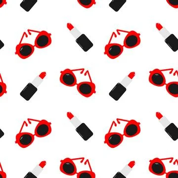 Seamless pattern of red sunglasses and lipstick on white, hand drawn fashion and Stock Illustration