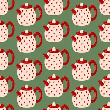 Seamless pattern with red teapots decorated with heart on a green background in Stock Illustration