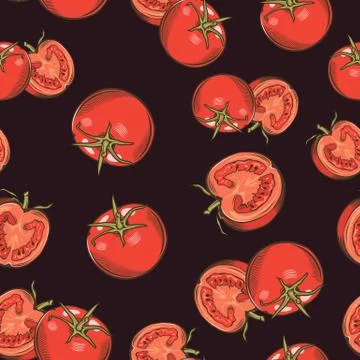 Seamless pattern with red tomatoes on a dark background in vintage style Stock Illustration