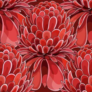 Seamless pattern with red Torch ginger Etlingera elatior flowers background Stockillustratie