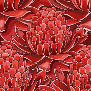Seamless pattern with red Torch ginger Etlingera elatior flowers background Stock Illustration