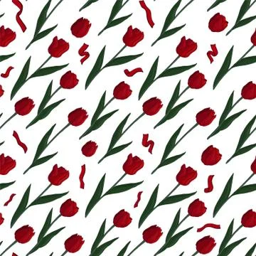 Seamless pattern with red tulips and ribbons Stock Illustration