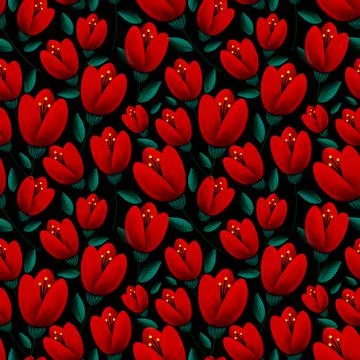 Seamless pattern of red tulips with green leaves Stock Illustration