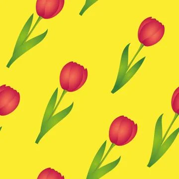 Seamless pattern red tulips on yellow background spring design Stock Illustration