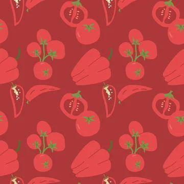 Seamless pattern of red vegetables: tomatoes and bell peppers on maroon Stock Illustration