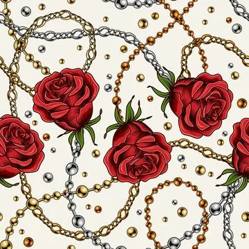 Seamless pattern with red vintage roses, chains Illustrazione stock
