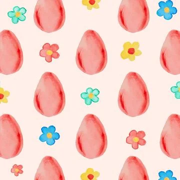 Seamless pattern with red watercolor easter eggs and flowers on beige backgro Stock Illustration