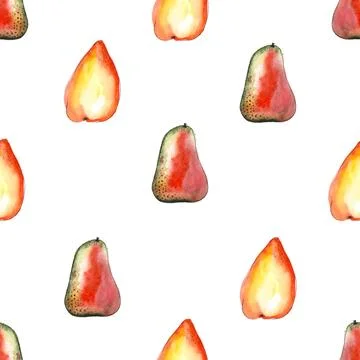 Seamless pattern of red watercolor pears, hand painted on white background Stock Illustration