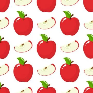 Seamless pattern with red whole and slice apples on white background. Organic Stock Illustration