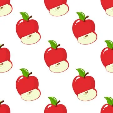 Seamless pattern with red whole and slice apples on white background. Organic Stock Illustration