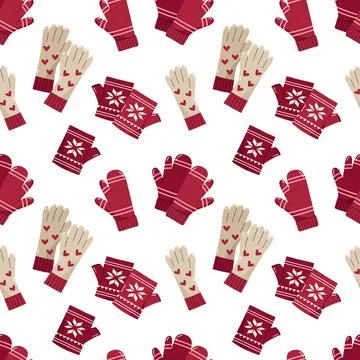 Seamless pattern with red winter mittens, fingerless gloves, and heart patter Stock Illustration