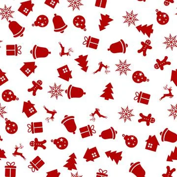 Seamless pattern with red Xmas ornaments on white background. Vector Illustrazione stock