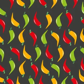 Seamless pattern with red, yellow and green chilli peppers on black background Stock Illustration