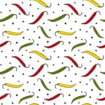 Seamless pattern red, yellow and green chili peppers with black peppercorns on Stock Illustration