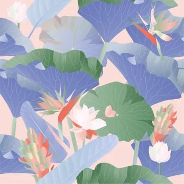 Seamless pattern. Red, yellow, blue aquatic and tropical flowers with large g Stock Illustration