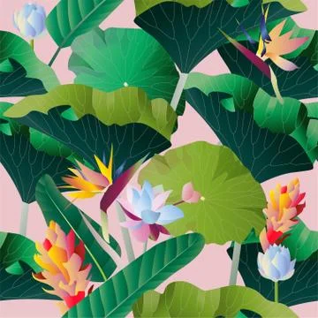 Seamless pattern. Red, yellow, blue aquatic and tropical flowers with large g Stock Illustration