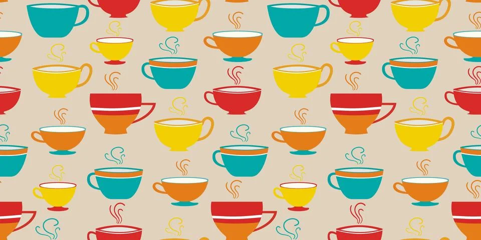 Seamless pattern with red yellow blue painted tea cups coffee background, p.. Stock Illustration