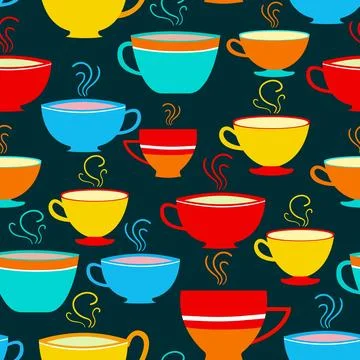 Seamless pattern with red yellow coffee tea cups on a dark blue turquoise b.. Stock Illustration
